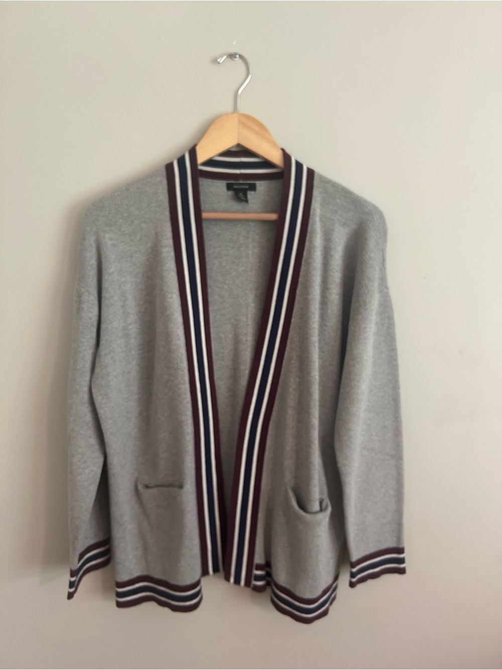 Halogen Gray Cardigan with Navy and Burgundy Trim